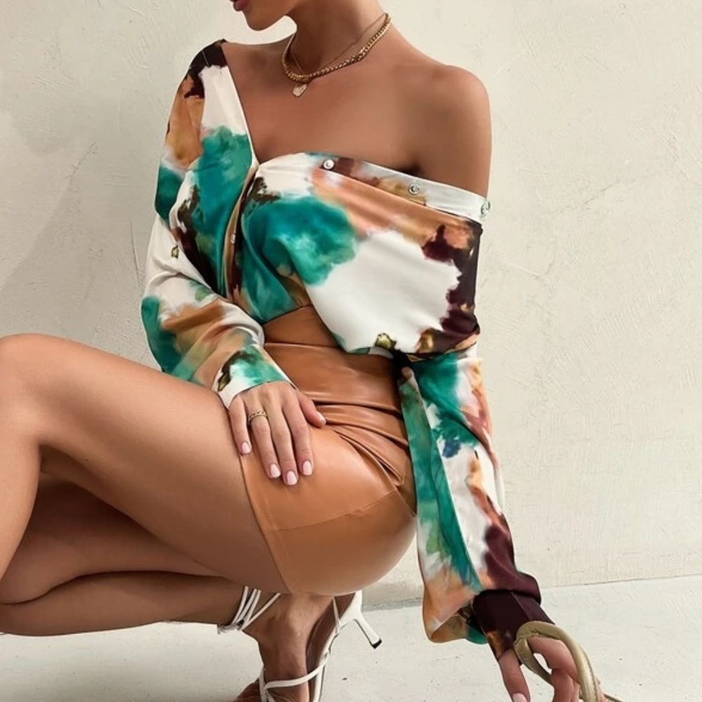 Boho Tie Dye Button Up Work Office Satin Top - Picture 4 of 6